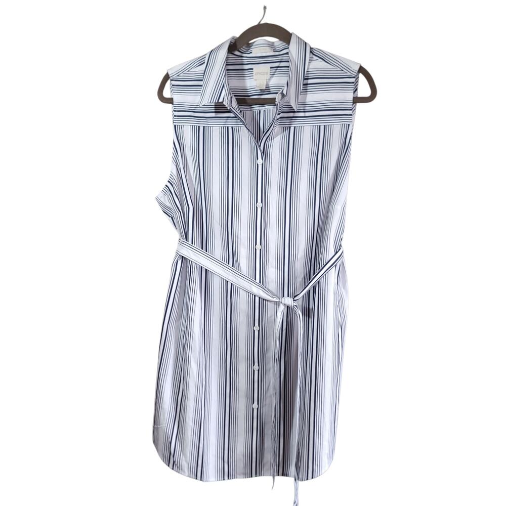 Chicos Sleeveless Shirt Dress Size 3.5 XL Womens Striped Cotton Summer White